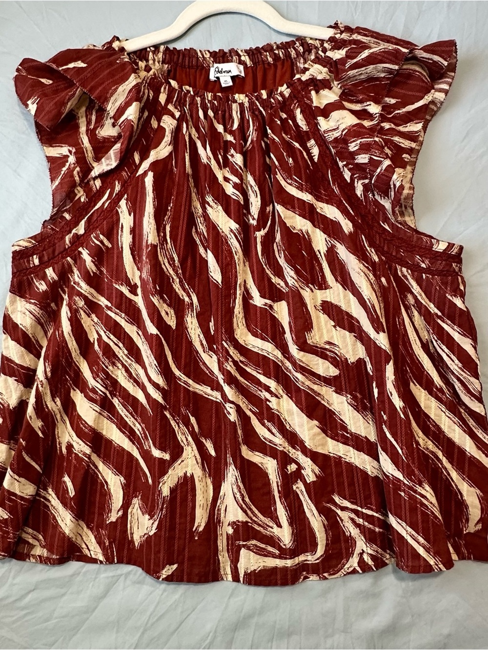 Sam Edelman Abstract Print Ruffle Top | Size XL | Rust/Cream - Picture 2 of 8
